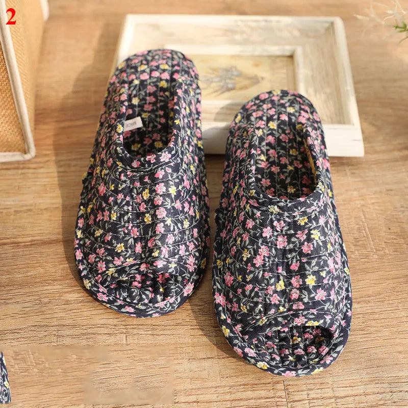 1 Pair Vintage Floral Home Slippers Spring Autumn Soft Cotton Toe Sole Slippers Women Flat Shoes Indoor Bedroom Slippers