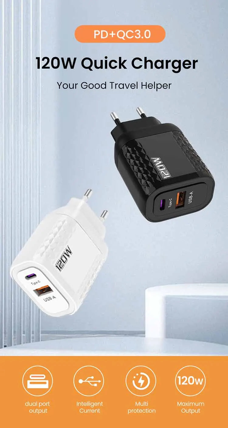 120W Charger USB C Fast Charger For iPhone Xiaomi Samsung Oneplus Phone Adapter 2 Ports QC3.0 Fast Charging PD Charger Adapter