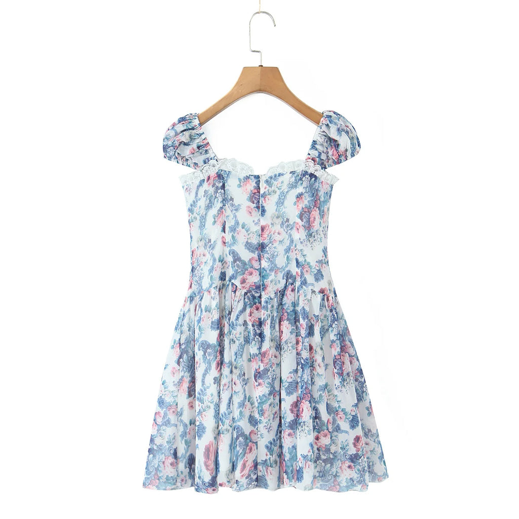 YENKYE Boho Blue Floral Print Mini Dress Women Puff Sleeve Lace Spliced A-line Beach Holiday Summer Dresses 2025 Short Robe