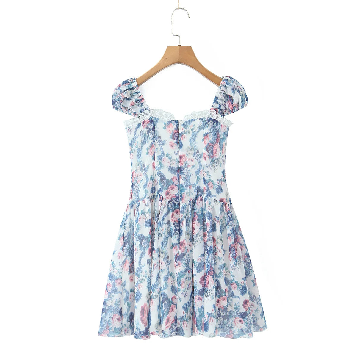 YENKYE Boho Blue Floral Print Mini Dress Women Puff Sleeve Lace Spliced A-line Beach Holiday Summer Dresses 2025 Short Robe