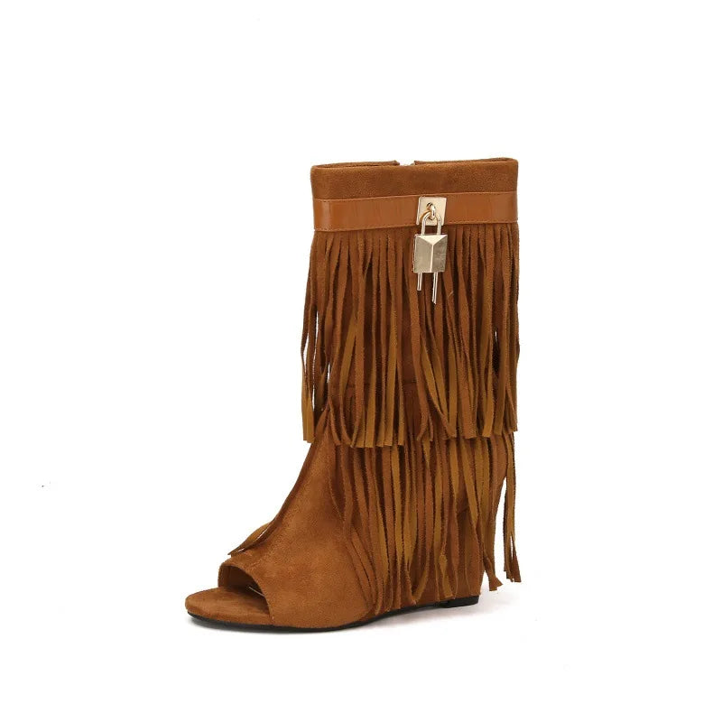 Designer Fringe Wedges Boot Sandals Woman High Heels Open Toe Party Prom Shoes 2025 Sexy Zipper Female Pumps Women Boots