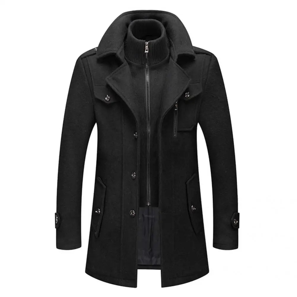 Stylish  Coat Temperament Zipper Buttons Coat Solid Color Autumn Winter Men Jacket for Business