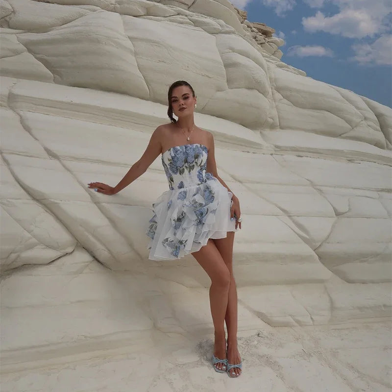 Chic Elegant Floral Printed Mini Dress Women Backless Sleeveless A Line Strapless Robes Pleated Hem Party Vestidos Lady Clorhing