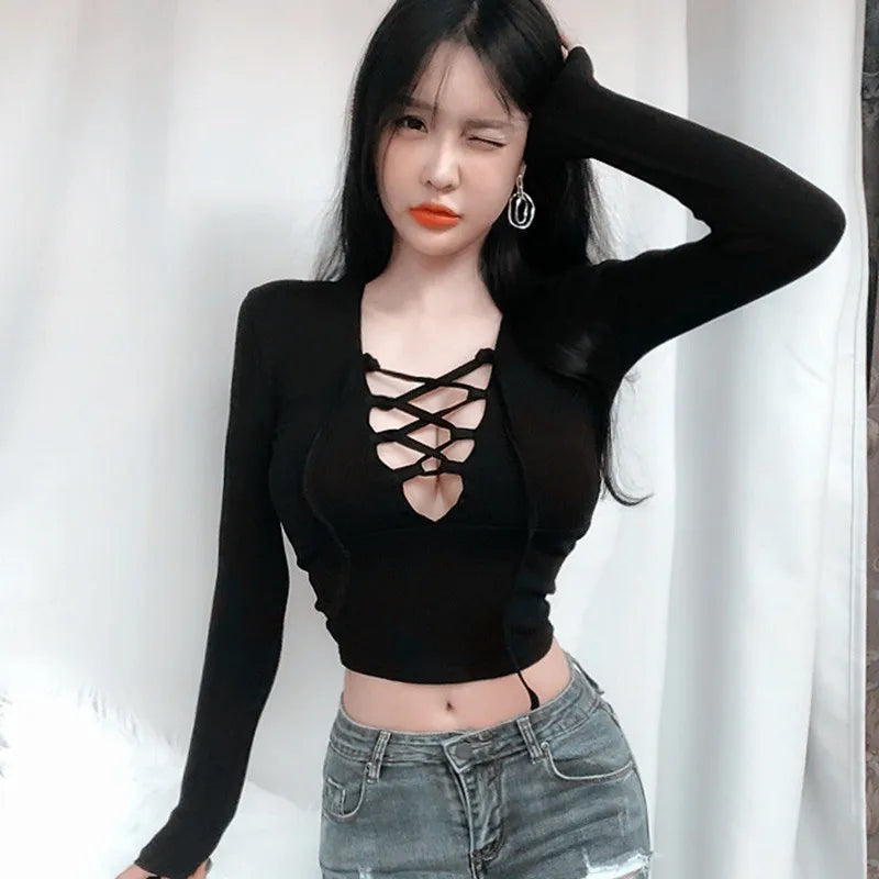 Women's T Shirt Hollow Exposure Navel Long-sleeved Short Crop Top Black