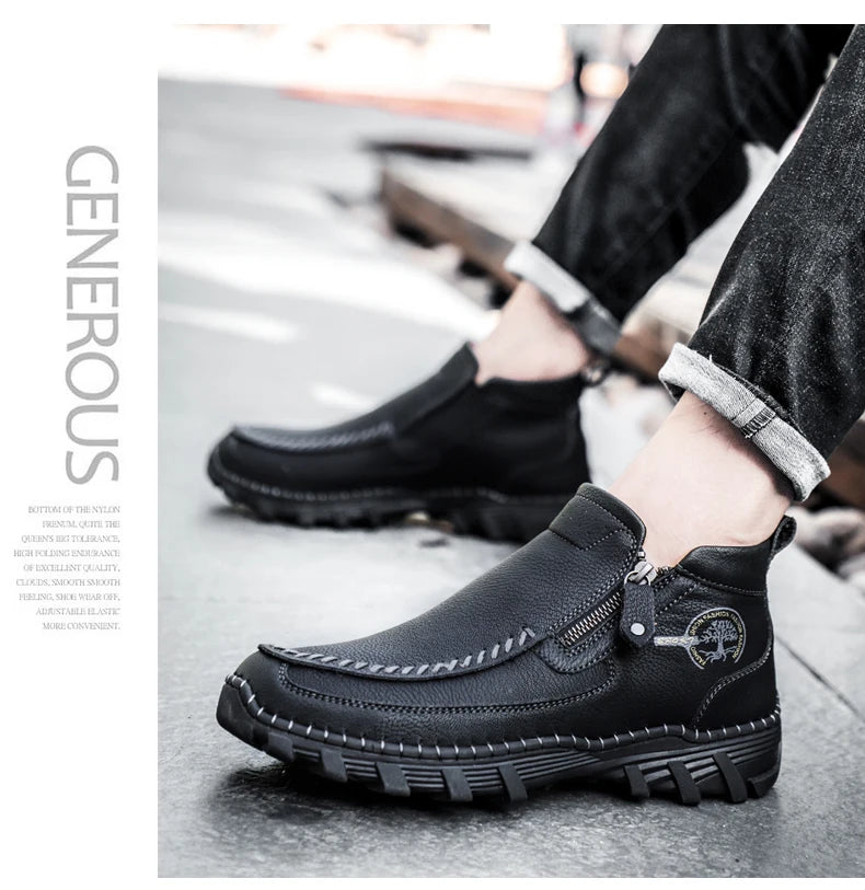 Men Boots Autumn Winter New Handmade High-top Casual Shoes Outdoor Non-slip Hiking Men Shoes Zipper Ankle Boots Plus Size 38-48