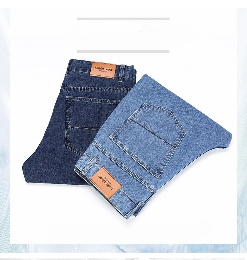 100% Cotton Men's Brand Thin Business Jeans Straight Slim Classic Male Trousers Fashion Casual Breathable Summer Denim Pants