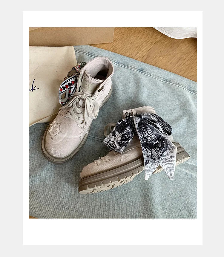 Women's Boots  New Thick Sole Breathable Ribbon Strap Short Boots Anti Slip Lace-up Height Increasing Fashion Boots