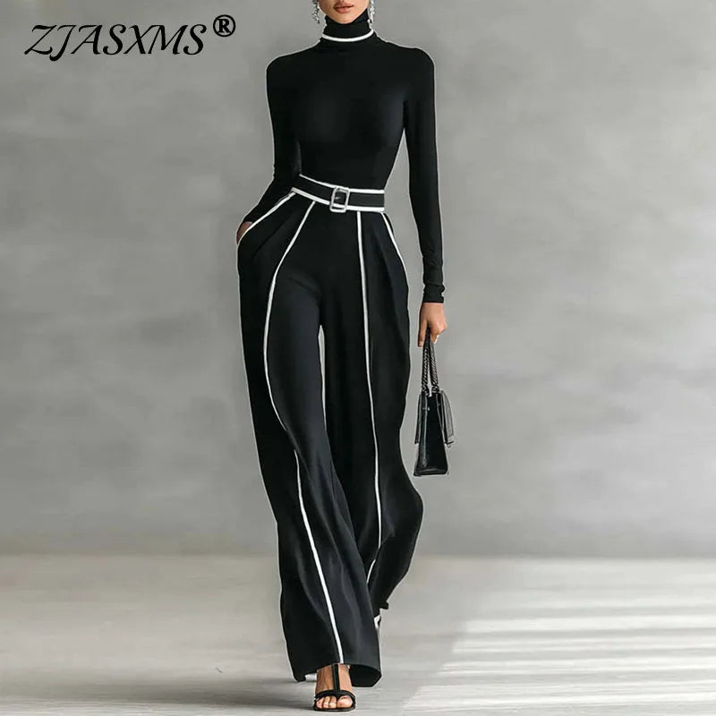 Winter Turtleneck Long Sleeve 2 Piece Sets Retro Solid Slim Top Pullover+Wide Leg Pant Suits Fall Contrast Color Straight Outfit
