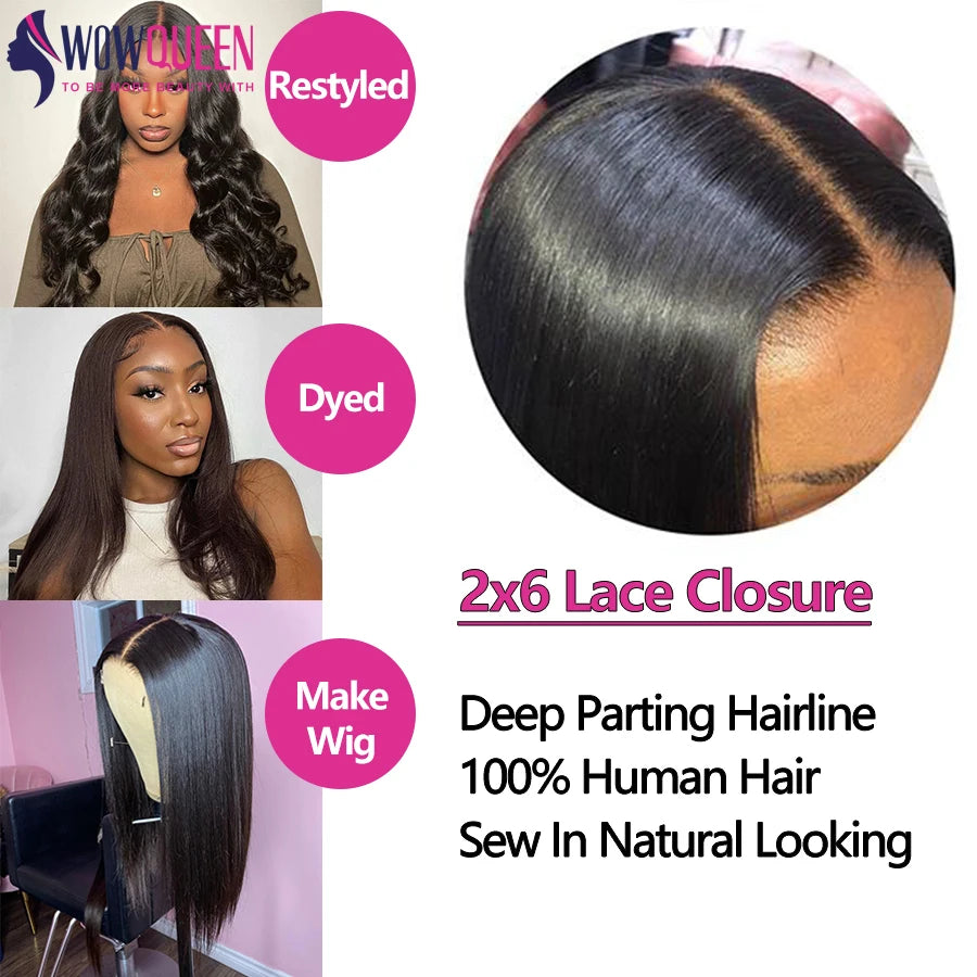 100% Human Hair Straight Lace Closure 2x6 Deep Parting Human Hair Closures Pre Plucked Body Wave Middle Part Lace Closure Only