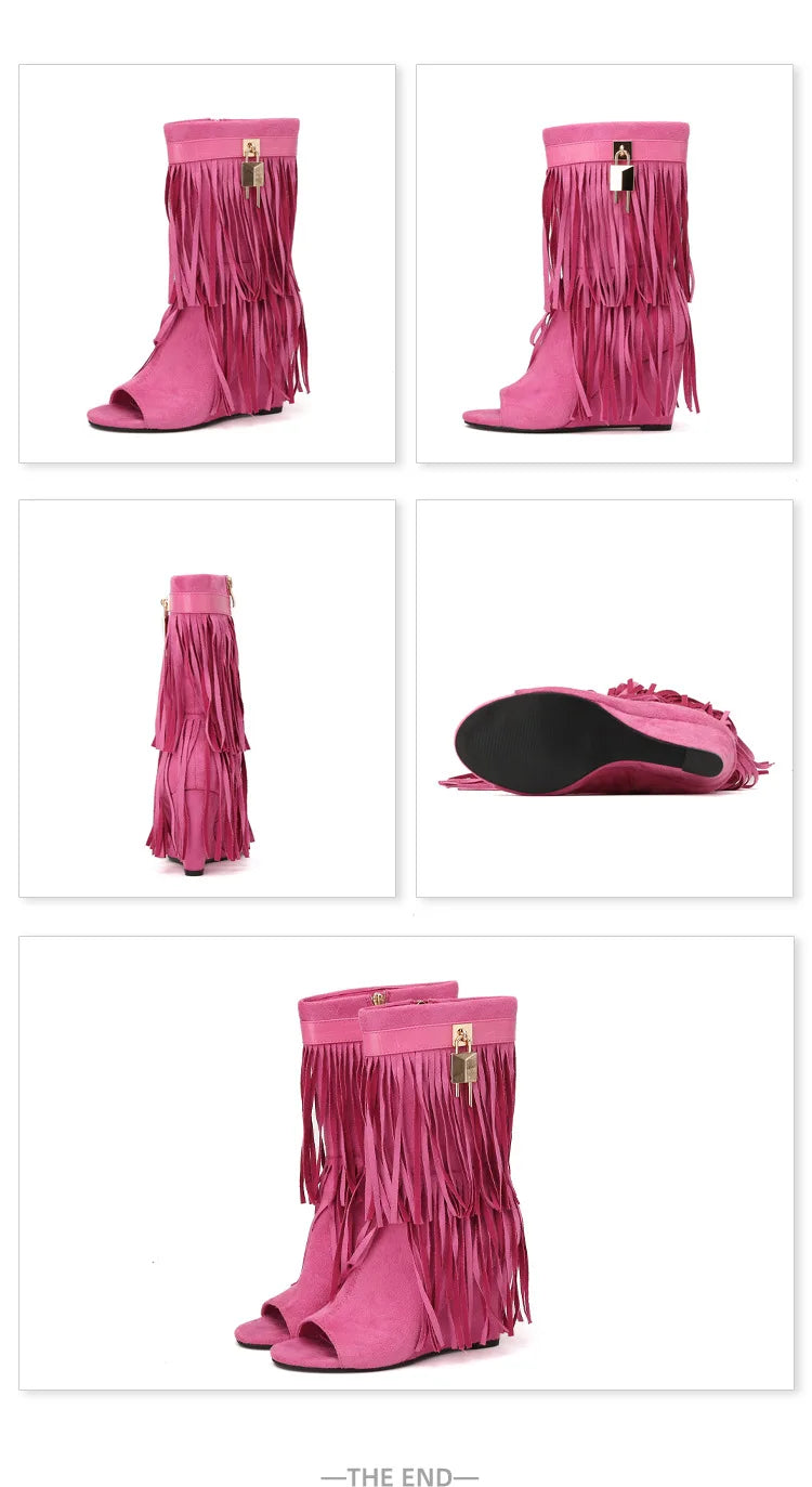 Designer Fringe Wedges Boot Sandals Woman High Heels Open Toe Party Prom Shoes 2025 Sexy Zipper Female Pumps Women Boots