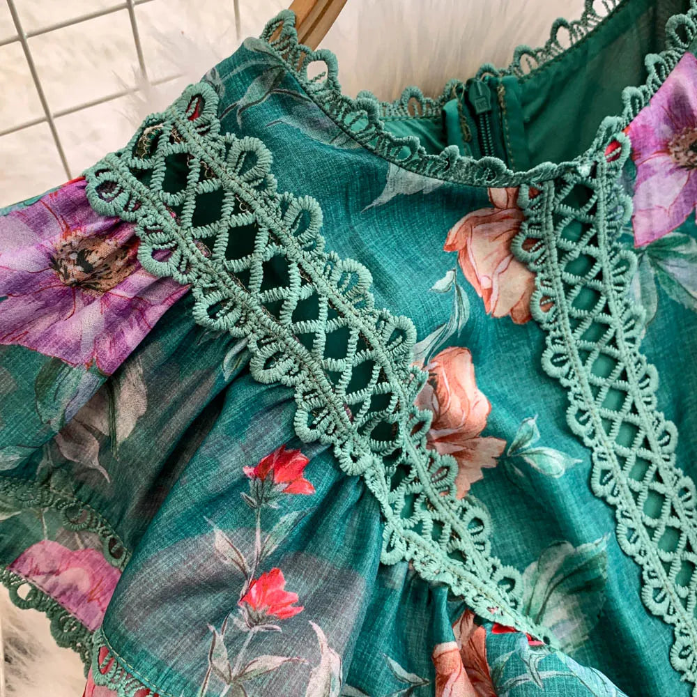 Ele Lace Splice Waist Cinching Long Dr Korean Sle Print Blouse Svel Midi Skirt High Waist A-Line Silhouette