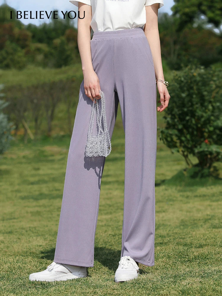 I BELIEVE YOU Wide Leg Pants Women 2024 Spring Summer New High Drape Pants Elastic High Waist Knitted Casual Trousers 2241045612