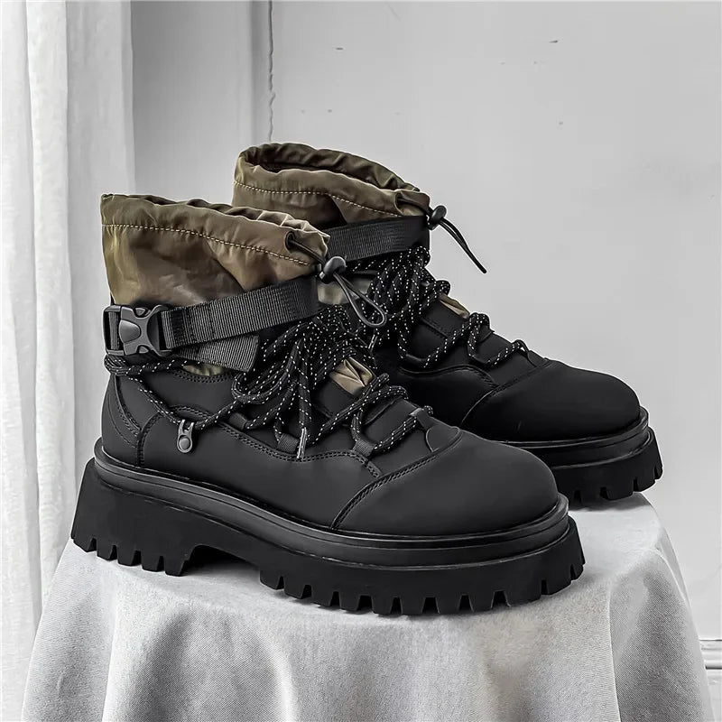 Men Platform Ankle Boots Fashion Personalized Strap Design Shoes Brand High Quality Motorcycle Boots Casual Outdoor Zipper Shoes