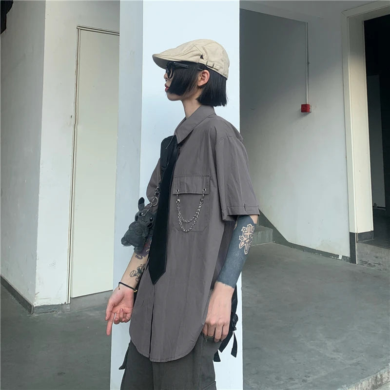 Women's Two-Way Wear Long Sve irt Loose Fit Street Sle Korean Version Retro BF Top  Collar Button up Polyester