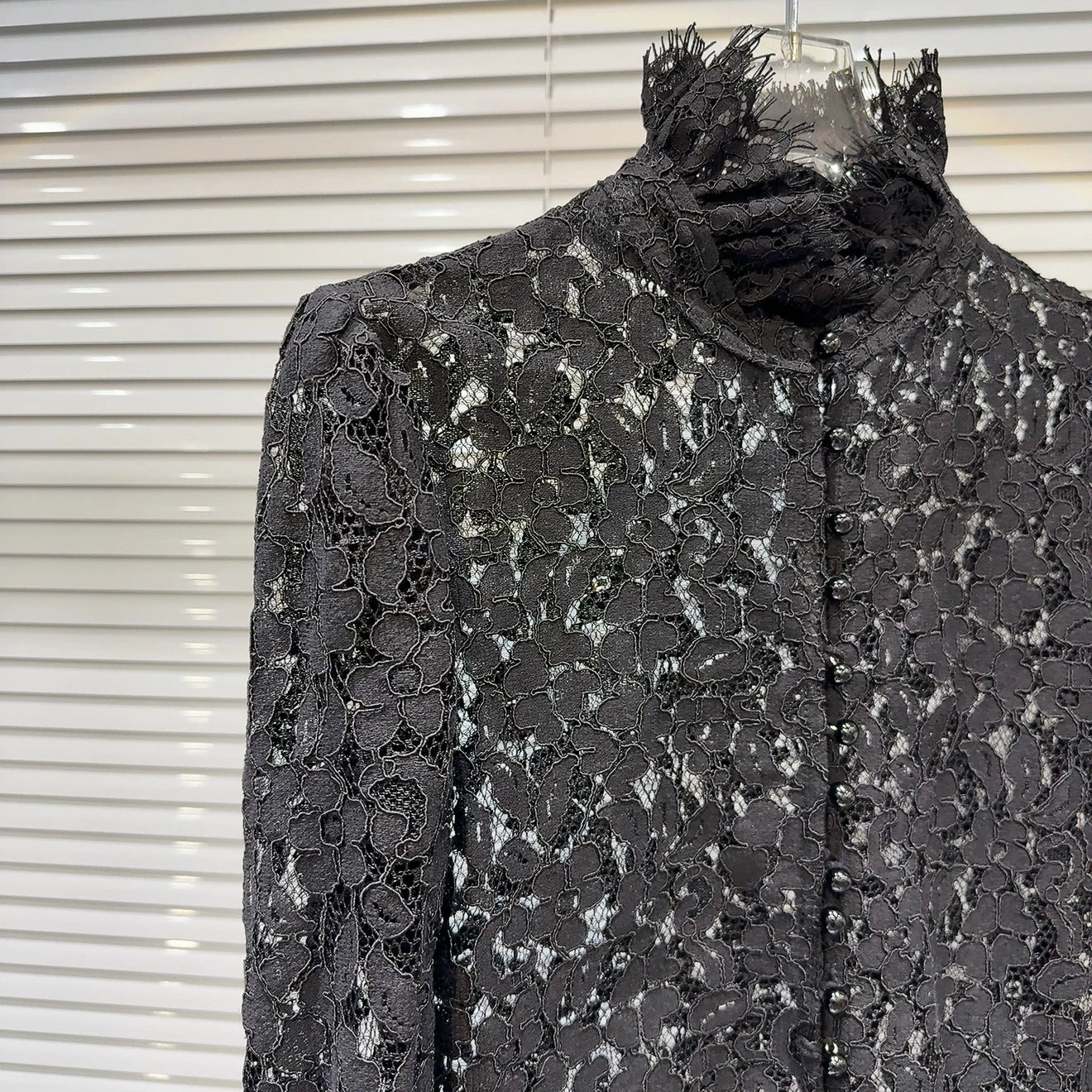 KTCZ Solid Spliced Lace Hollow Out Blouse For Women Long Sleeve Single Breasted Patchwork Print Minimalist Chic Blouse Female