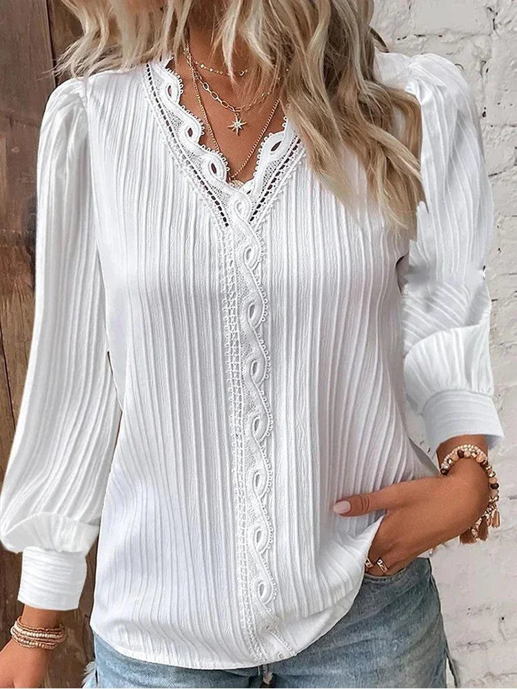Stitching V-neck Long Sleeve Women's Pullover Chiffon Shirt Lace Stitching Shirt Loose Fall Top Simple Elegant Street Blouse