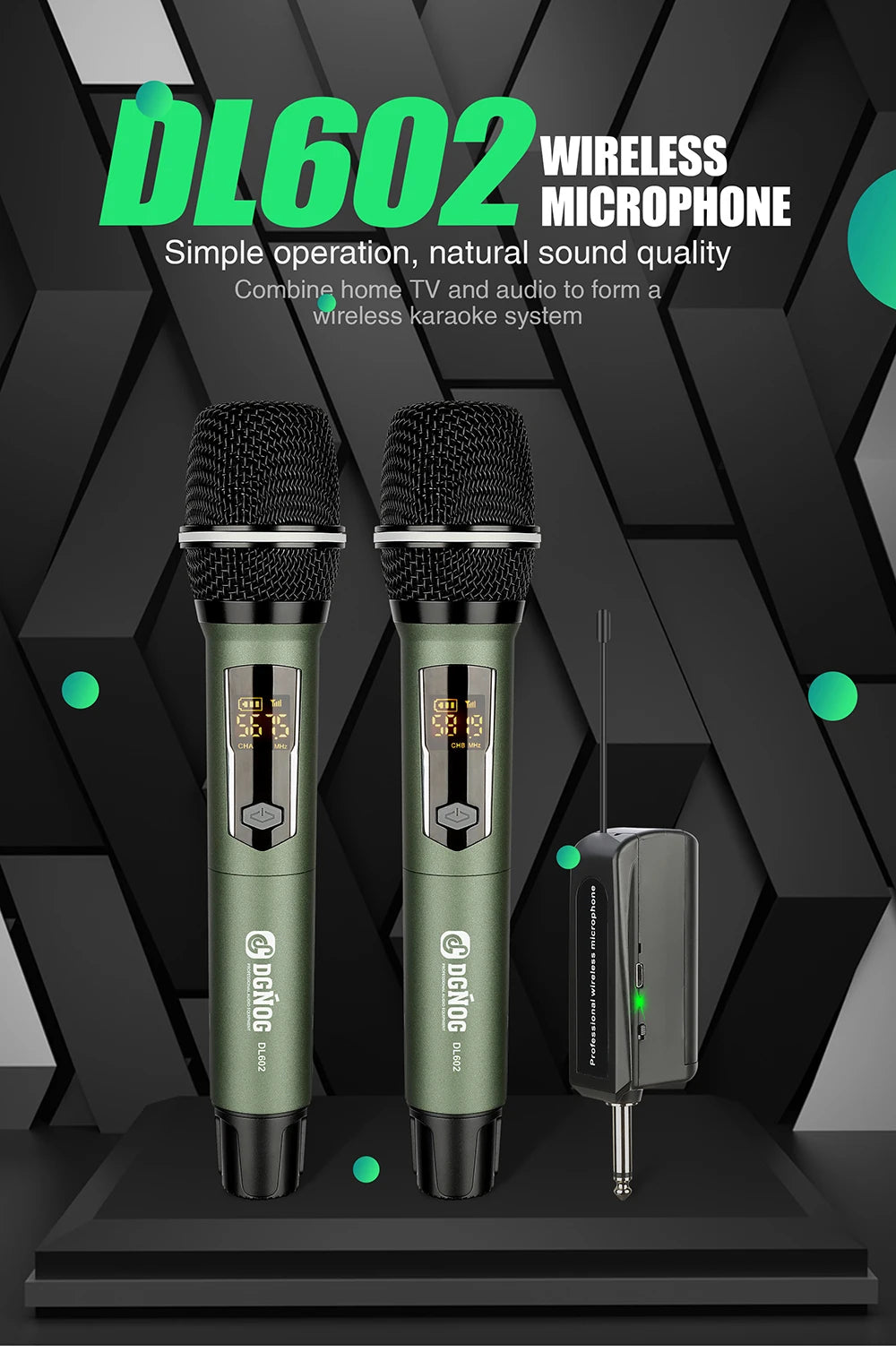 Rechargeable Battery Microphone 2 Channel UHF Wireless Microphone Dual Handheld Dynamic Adjust Frequency For Stage 200ft DL602