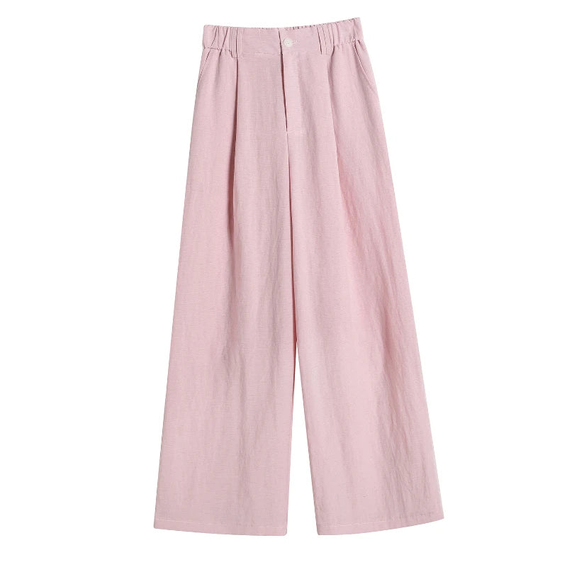 2025 Summer New Cotton and Linen Women's Wide Leg Pants Solid Ice Silk High Waist Straight Casual Loose Suit Trousers Female