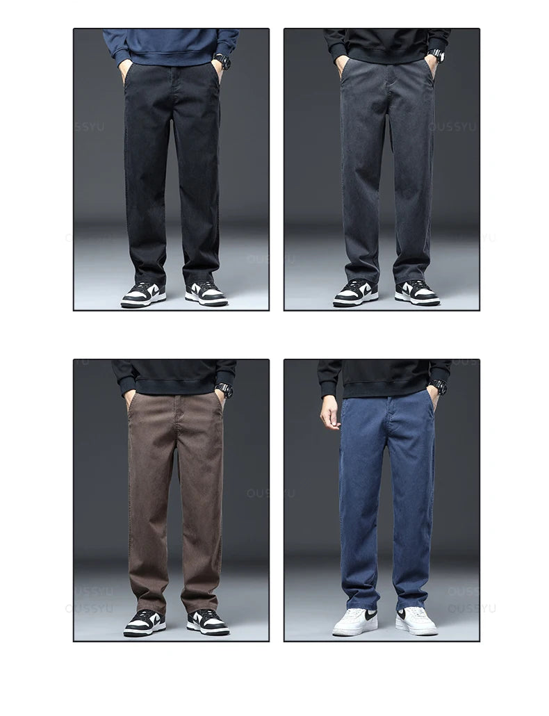 Spring Autumn New Upgraded Lyocell Fabric Jeans Men Loose Straight Elastic Waist Casual Denim Pants Trousers Male Large Size 5XL