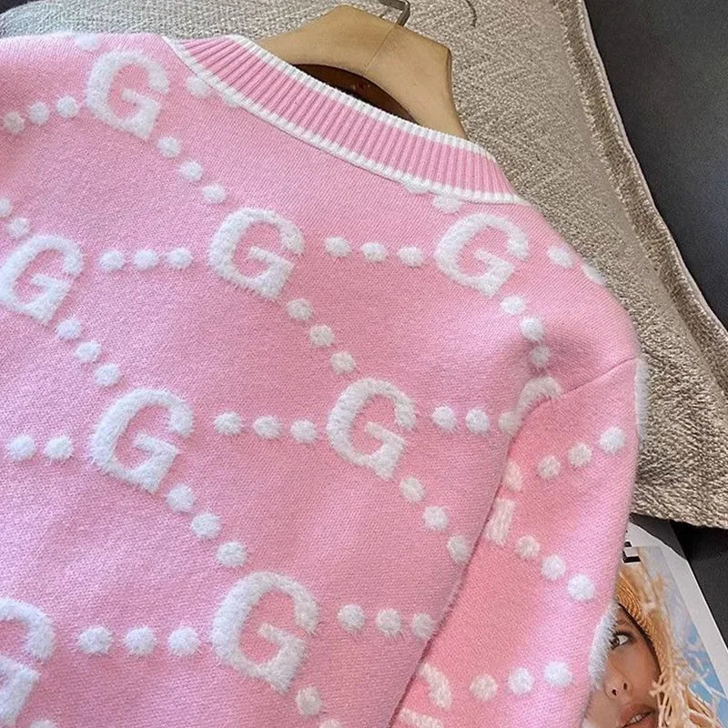 O-neck Sweater Femme Fashion Letter Patchwork Knitting Cardigan Fashionable Coat Top Tee Women's Autumn Winter Sweet Buttons