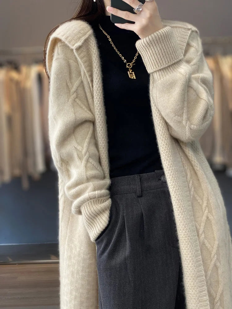 Autumn Winter 100% Merino Wool Women's Cardigan Long Sleeve Sweater Coat Loose Warm Cashmere Knitwear Fashion Female Long Coat