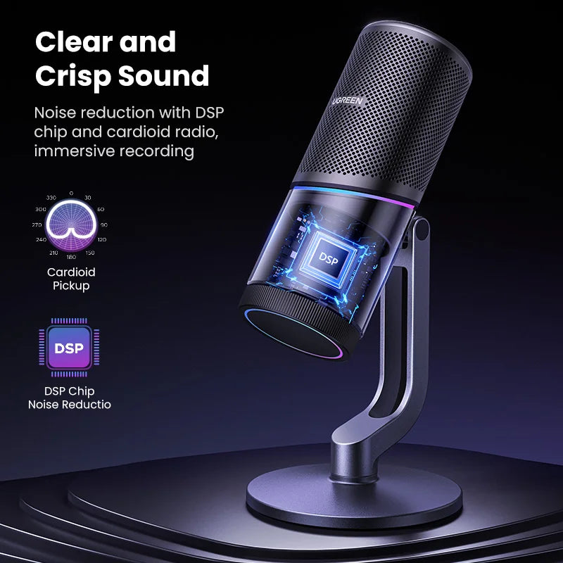 UGREEN USB Microphone with RGB Modes Professional Condenser Mic for PC Mac Gaming Karaoke Recording Streaming Podcasting
