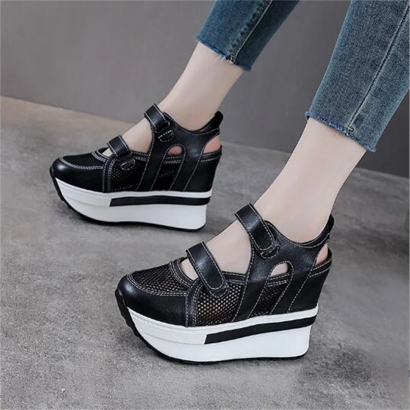 10cm Air Mesh Genuine Leather Platform 2025 Wedge Flats Sneakers Hook Summer Women Comfy Fashion Chunky Sneaker Sandals Shoes