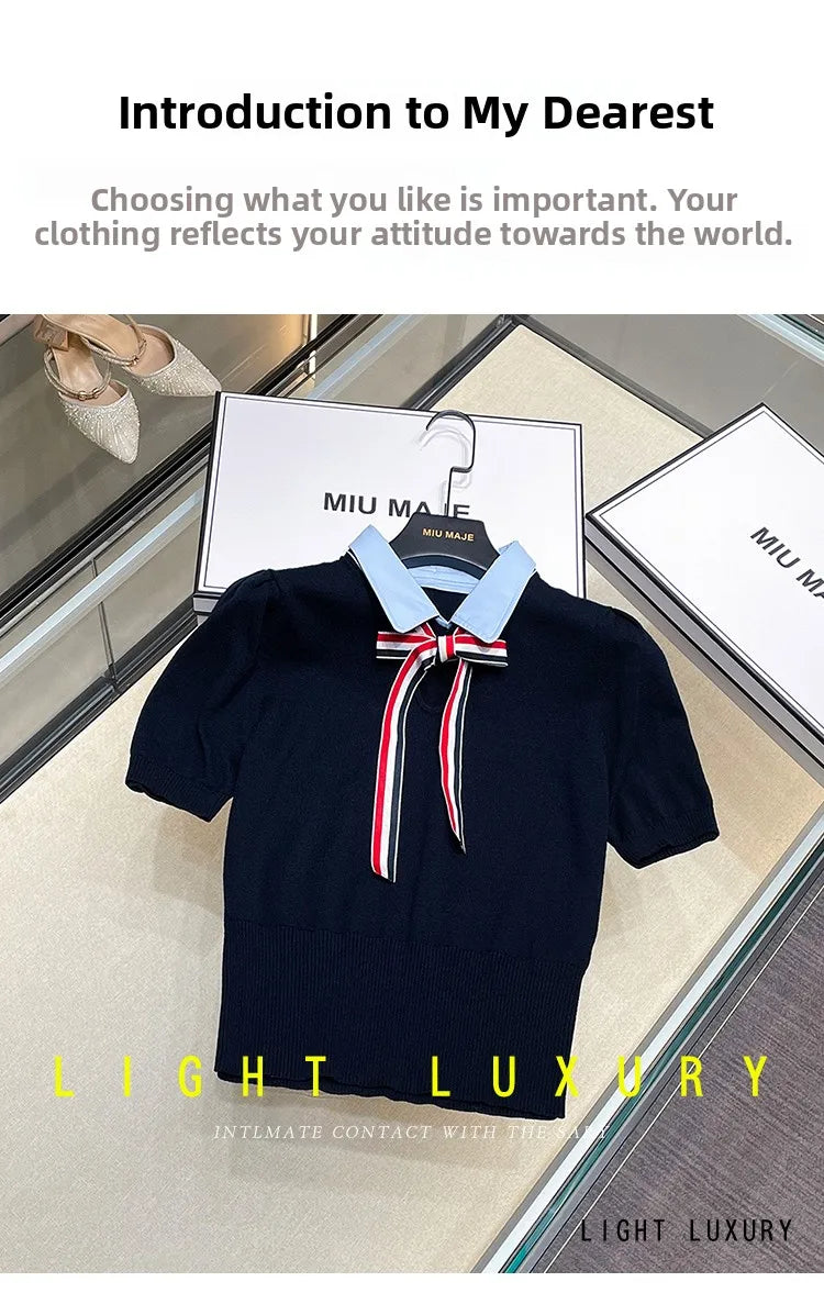 High-End European Sle Women's Knitted ort Top  Collar Belted College Faion Upperwear Comfortable Regular Fit Summer...