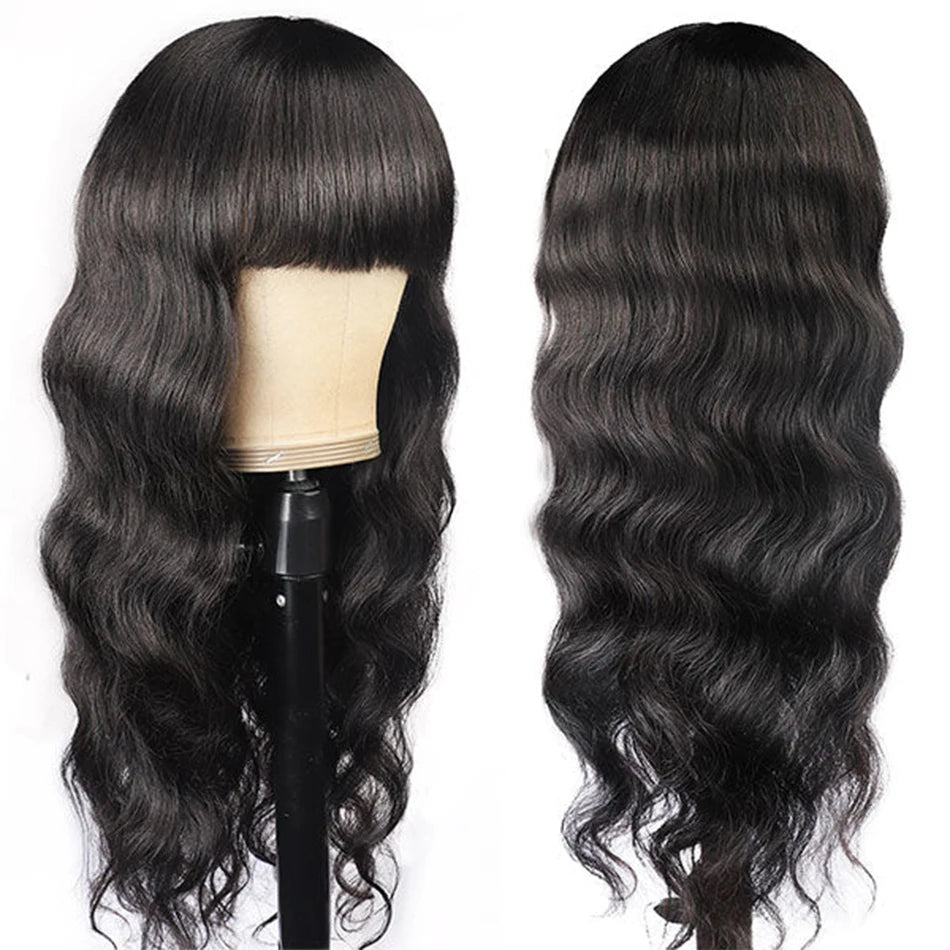 Body Wave Human Hair Wigs With Bangs Peruvian Cheap Glueless Wigs On Sale Clearance Full Machine Made Wig With Bangs For Woman