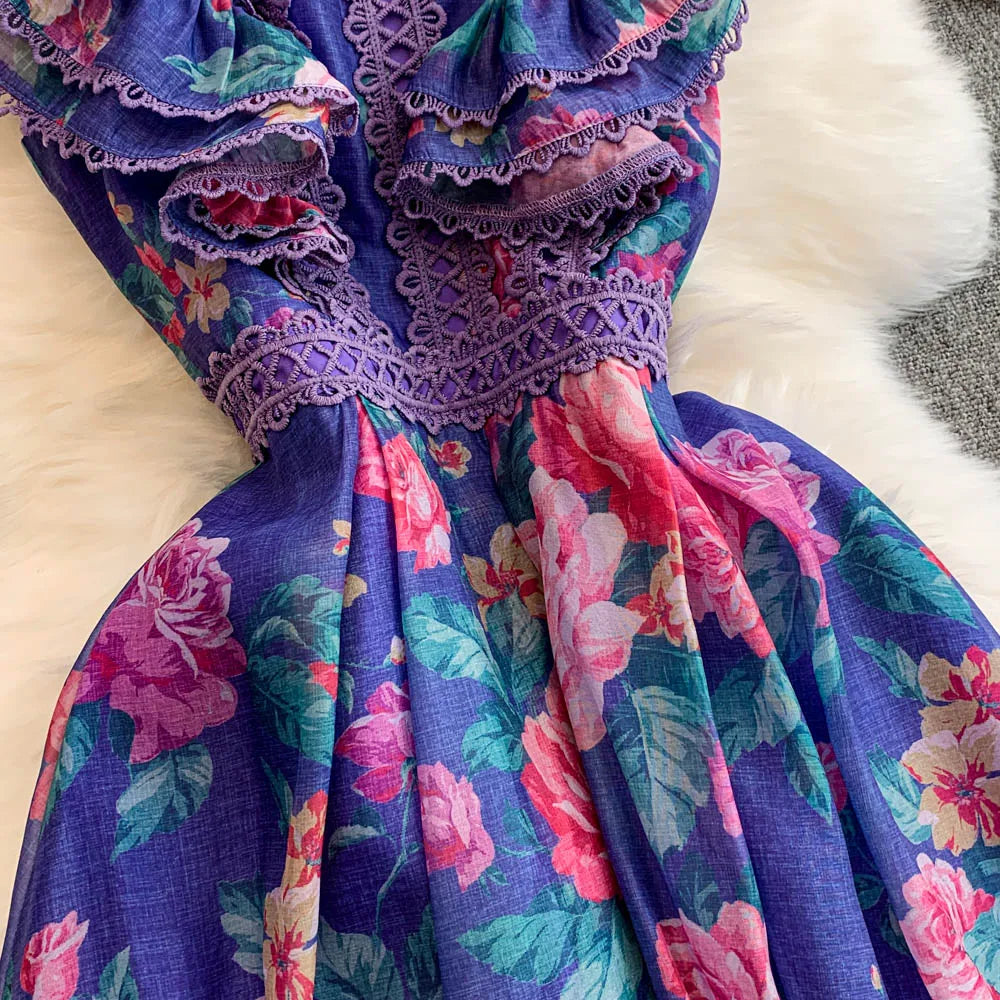 Ele Lace Splice Waist Cinching Long Dr Korean Sle Print Blouse Svel Midi Skirt High Waist A-Line Silhouette