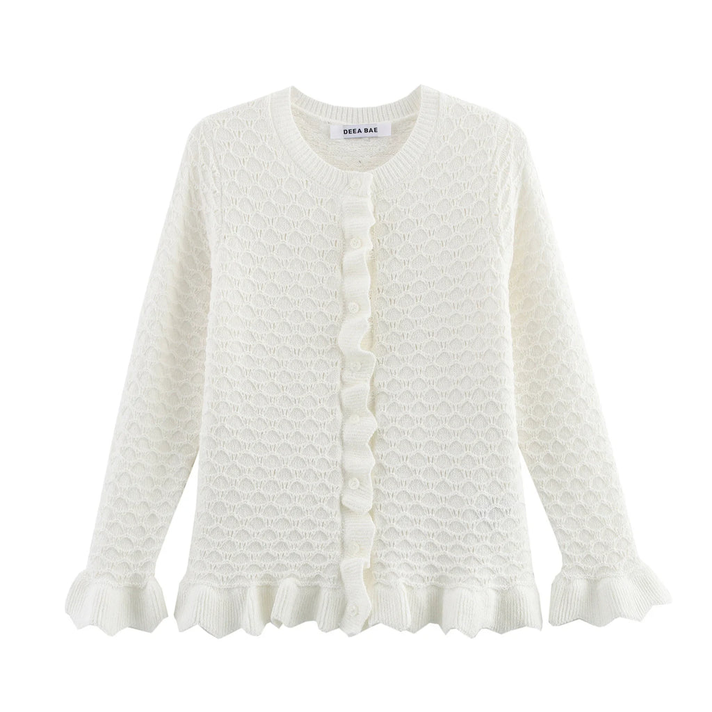 DEEABAE Spring Women's French Style Design With Layered Decorative Buttons And Round Neck Long Sleeved Knitted Jacket