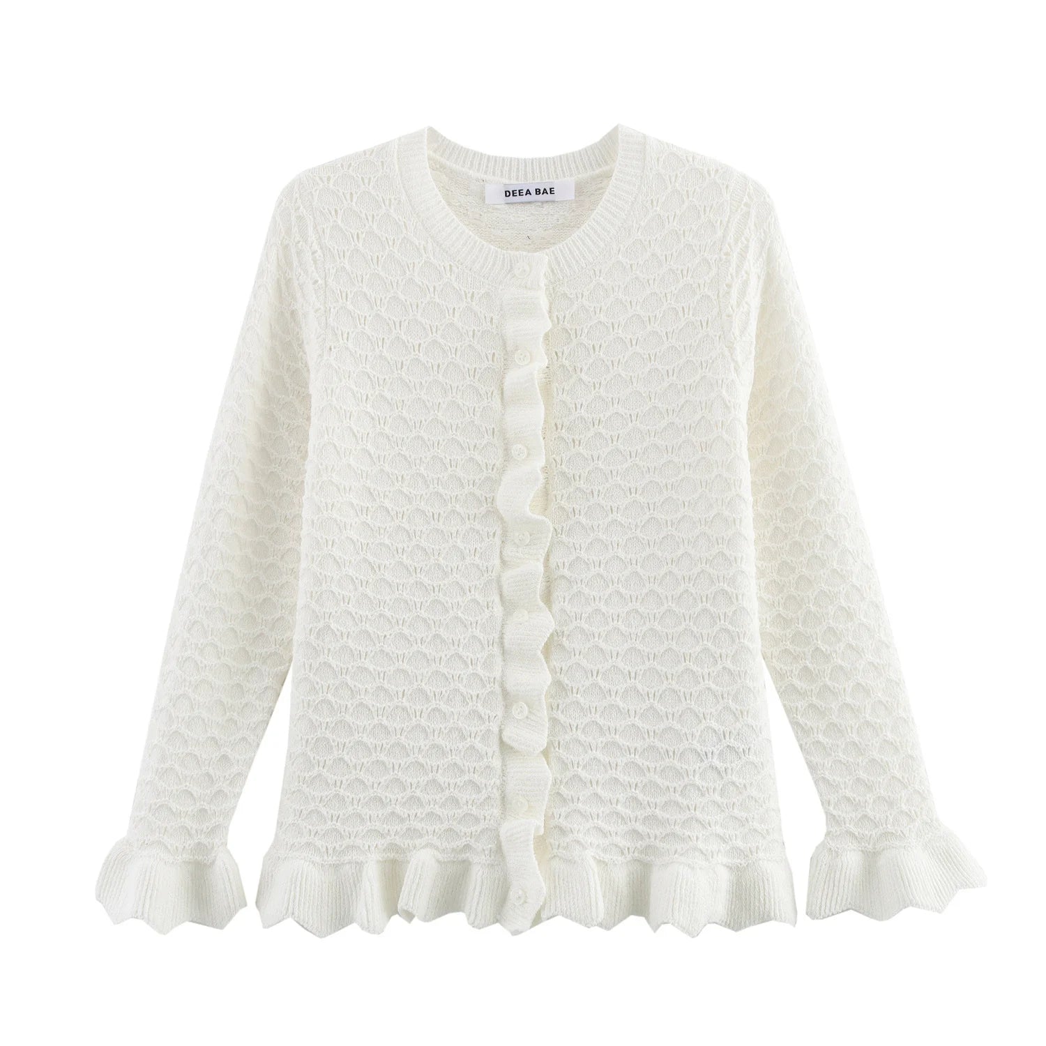 DEEABAE Spring Women's French Style Design With Layered Decorative Buttons And Round Neck Long Sleeved Knitted Jacket