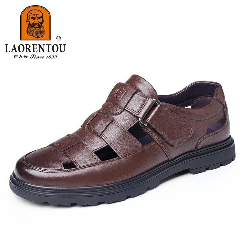 LAORENTOU leather sandals, men's breathable hollow hole shoes, toe wrapped cowhide, anti slip and wear-resistant casual  shoes