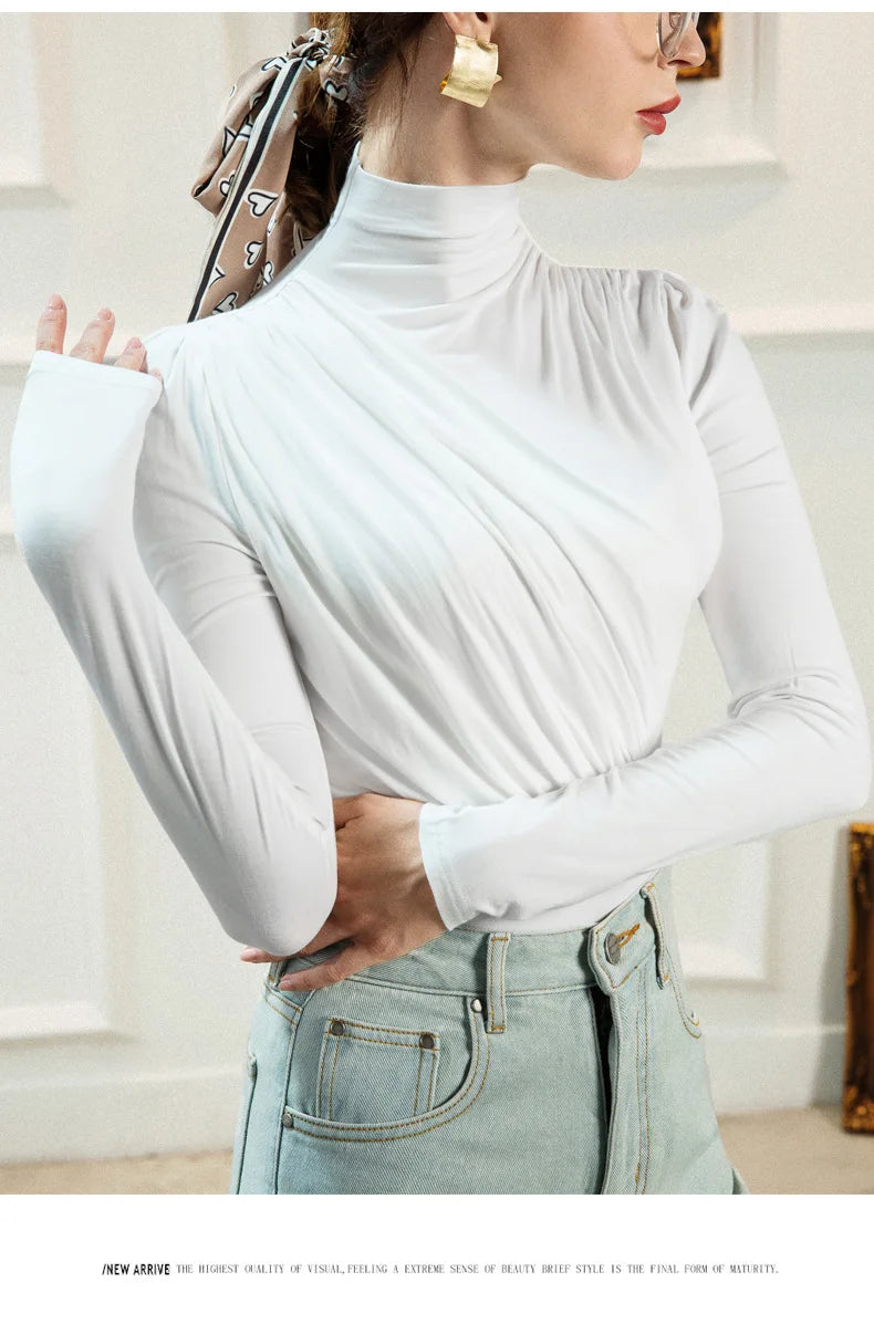 EVNISI Women Casual Thickening Warm Shirt Elegant Office Long Sleeved T-shirt Mock Neck Women Bottoming Tops 2024 Autumn Winter