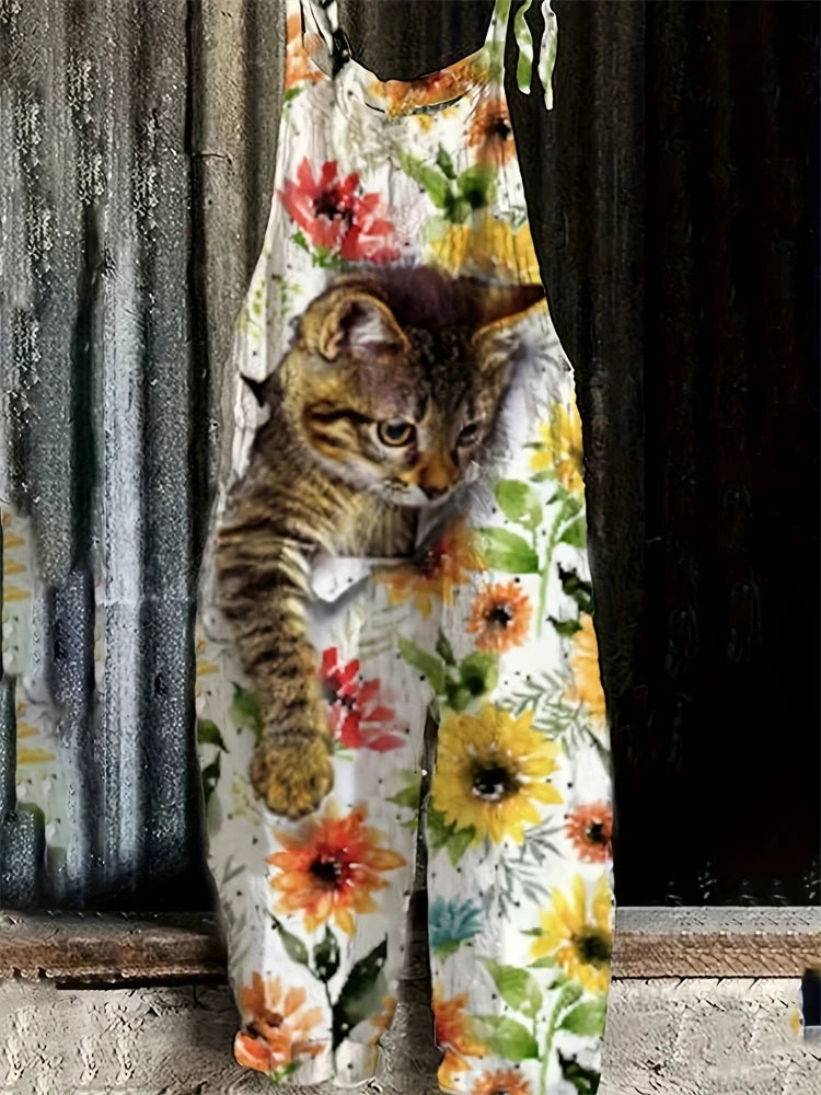 2025 New Spring And Summer Halter Jumpsuit Women's Fun Cat Print Pullover Halter Pants Casual Loose High Waist Jumpsuit