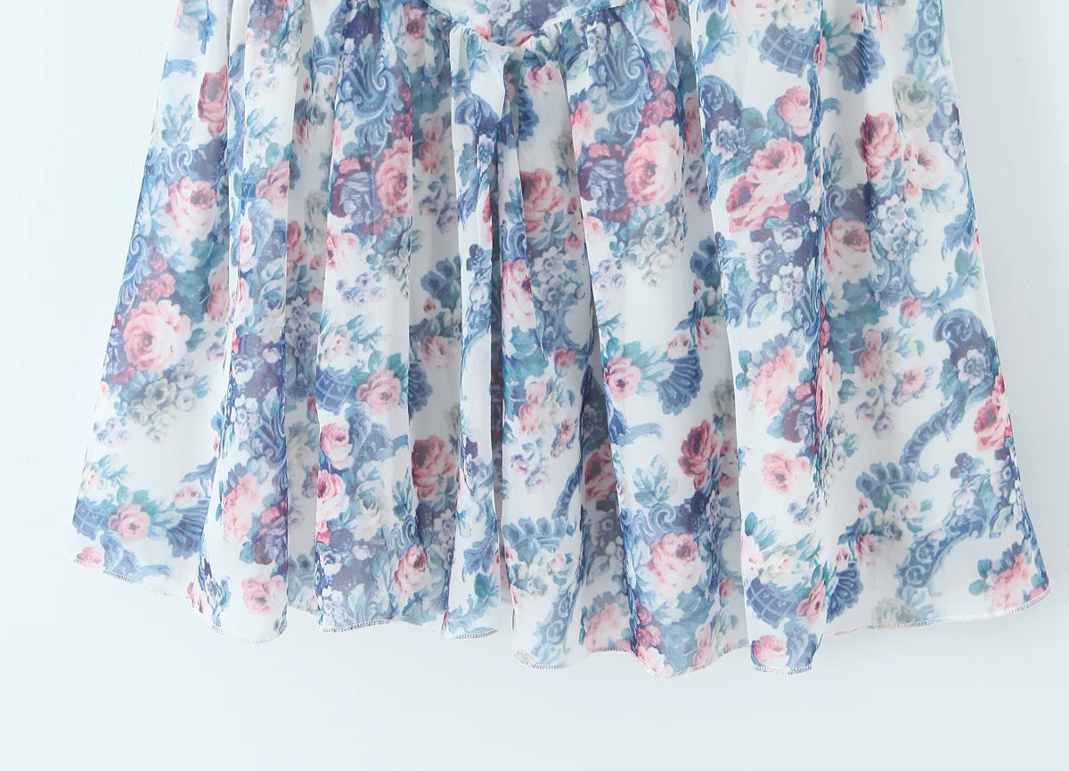 YENKYE Boho Blue Floral Print Mini Dress Women Puff Sleeve Lace Spliced A-line Beach Holiday Summer Dresses 2025 Short Robe