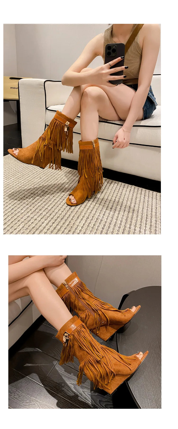 Designer Fringe Wedges Boot Sandals Woman High Heels Open Toe Party Prom Shoes 2025 Sexy Zipper Female Pumps Women Boots