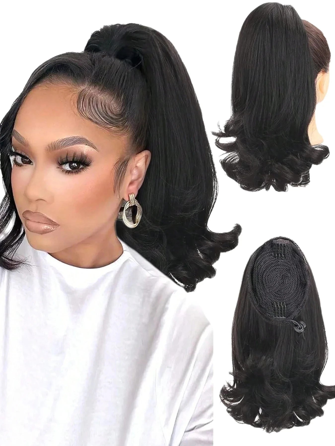 Synthetic Tail Warping 16"  Kinky Straight Hairpiece Drawstring Ponytail Hair Extension Natural Black Women Girl Daily Party Use