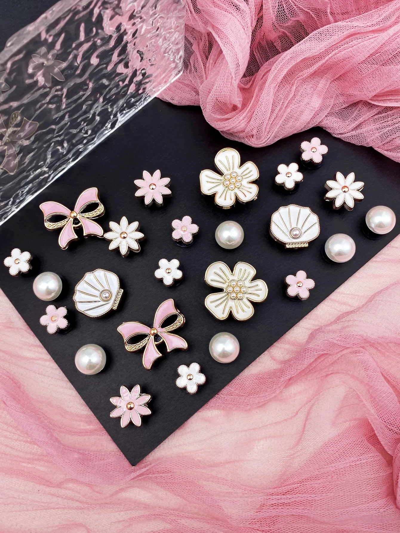 24 pieces of white gold-edged ABS pearl shells, flowers, pink bows, flowers, white flowers, ABS pearl shoe buckle DIY decoration