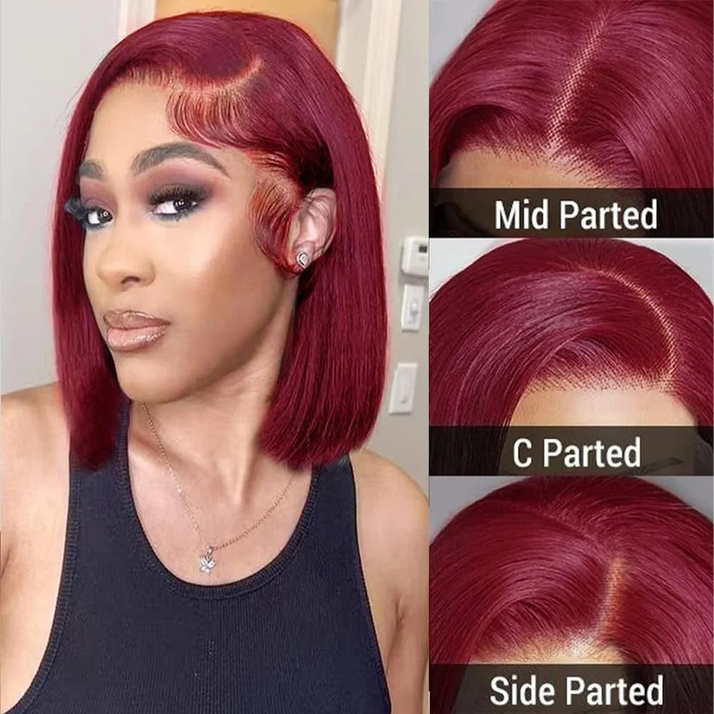 99J Burgundy Lace Front Wigs Straight Short Bob 13x4 HD Lace Frontal Wig Human Hair PrePlucked Natural Hairline Wine Red Bob Wig