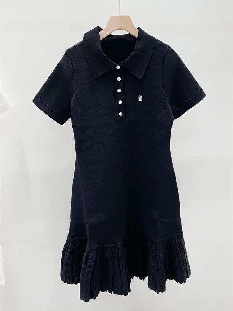 White or Black Women A-Line Knit Dress Slim Short Sleeve Front Letter Female Pleated Mini Robe 2025 New