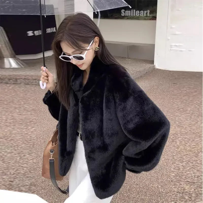 Spring Autumn Lady Short Leather Fur Outwear 2024 Women Fashion Stand Collar Mink Fur Top Female Long Sleeves Fox Jacket