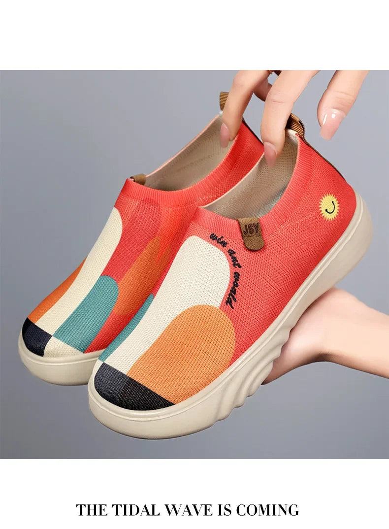 Spring and summer women's breathable knitted sports shoes, casual sponge shoes, lightweight mesh low top shoes  platform boots