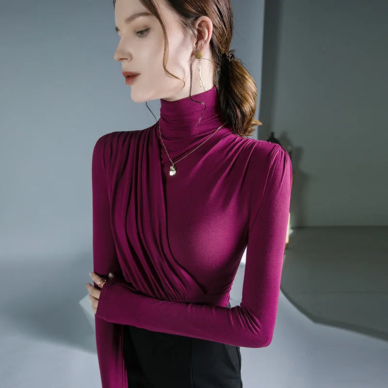 EVNISI Women Casual Thickening Warm Shirt Elegant Office Long Sleeved T-shirt Mock Neck Women Bottoming Tops 2024 Autumn Winter