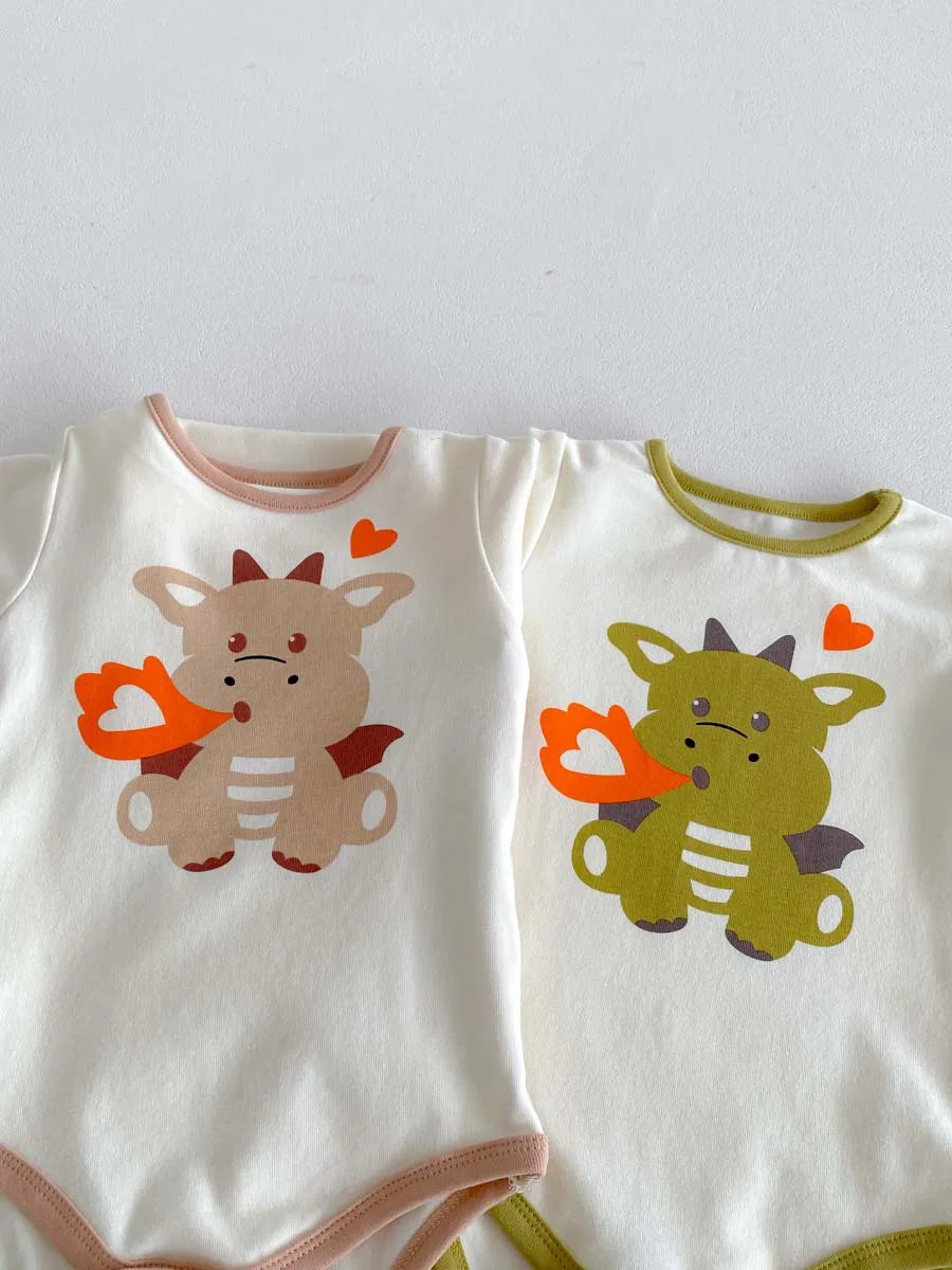 2024 Autumn New Korean Style Infant Onesie: Dragon Print Bodysuit with Hooded Design for Babies, Includes Hat