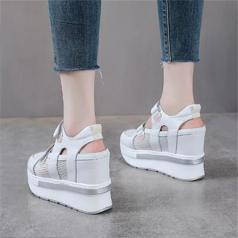 10cm Air Mesh Genuine Leather Platform 2025 Wedge Flats Sneakers Hook Summer Women Comfy Fashion Chunky Sneaker Sandals Shoes
