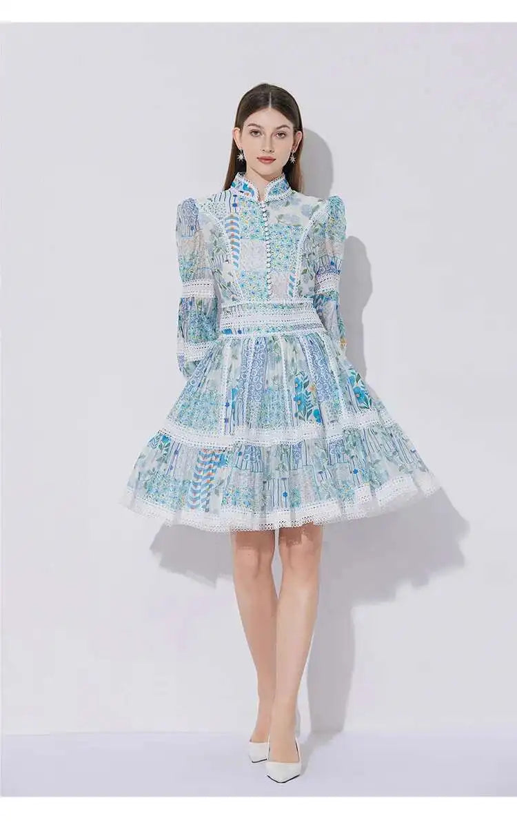 Elegant Long Sleeve Floral Short Dresses Shirt For Women Summer Autumn Holiday Hollow Out Printed Party Dress