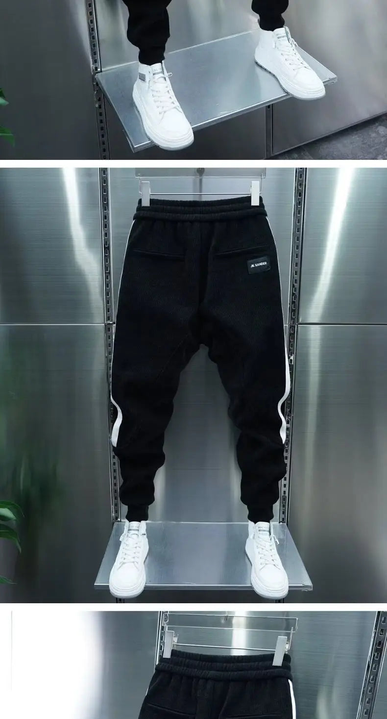 Fashion 2024 Autumn Winter New Black Jogger Men's Corduroy Pants Korean Elastic Waist Casual Pants Jogging Striped Harem Pants