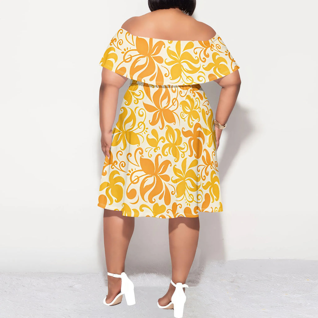 Plus Size Off Shoulder Ruffle Hem Dress Summer Yellow Abstract Floral Print Casual Holiday Look