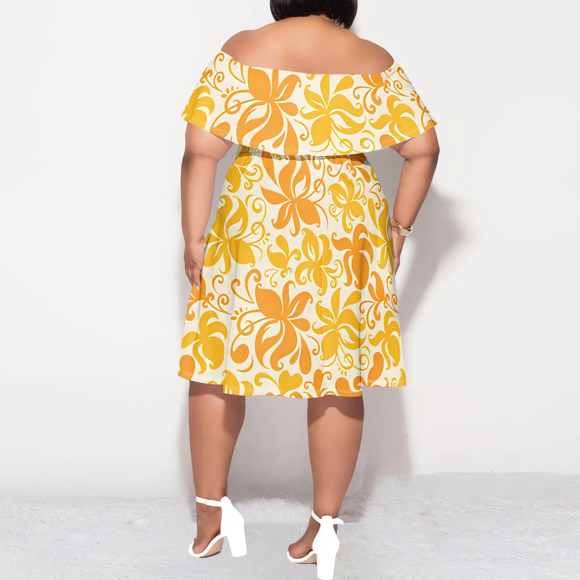 Plus Size Off Shoulder Ruffle Hem Dress Summer Yellow Abstract Floral Print Casual Holiday Look
